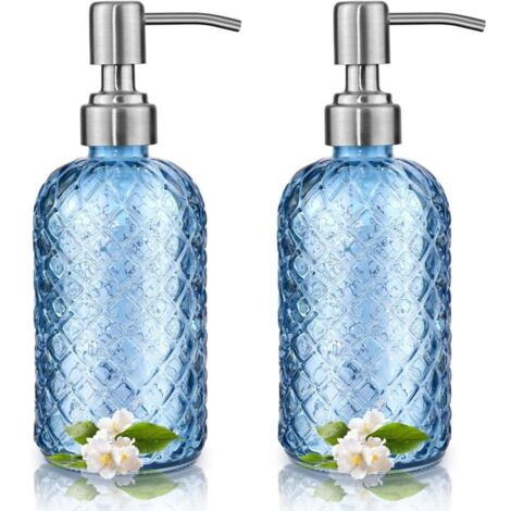 Set di 2 dispenser di sapone in vetro da 350 ml, blu, con pompa in acciaio inox 304, ricaricabili, per bagno e cucina.