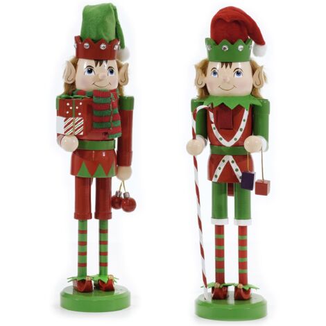 Set di 2 Elfi Soldatini Schiaccianoci Cappelli Rosso e Verde in Legno h38 da Collezione bastoncino candi rifinito con tessuto
