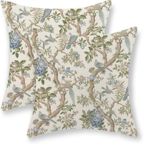 Set di 2 federe decorative vintage in lino con motivo di uccelli blu e verdi, 45 x 45 cm, stile cinese, per divano, decorazione per la casa.