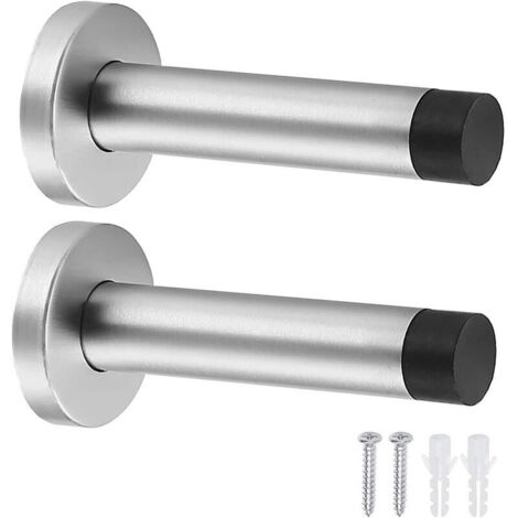 Set di 2 fermaporta da parete. Robusti fermaporta in acciaio inox con paracolpi in gomma. Fermaporta completi di viti e tasselli per uso interno, per proteggere le pareti.