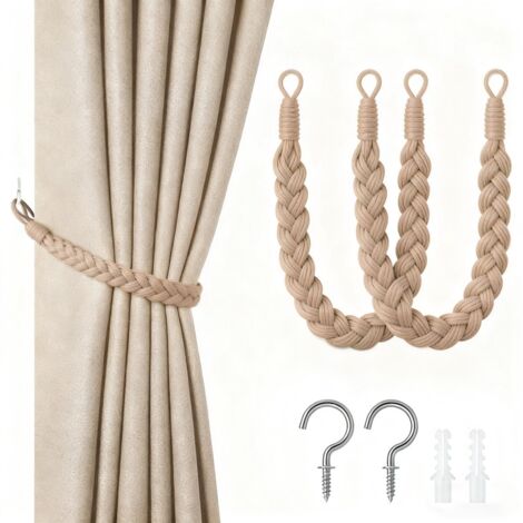 Set di 2 fermatende - Cordino da 60 cm con anello - Terminali intrecciati a mano - Terminali ritorti - Con ganci - Adatti per casa, ufficio, soggiorno e camera da letto, marrone chiaro