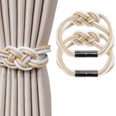 Set di 2 fermatende magnetici in stile nordico, fermatende decorativi in corda intrecciata per tende di casa e ufficio (beige e bianco)