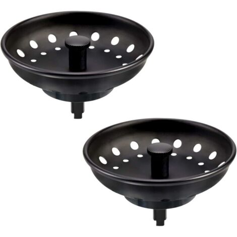 Set di 2 filtri a cestello in acciaio inox nero opaco per lavello da cucina universale da 8,9 cm, pomello centrale in metallo con tappo in gomma.