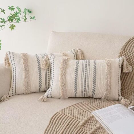 Set di 2 fodere decorative per cuscini 30 x 50 cm, in tessuto trapuntato stile rustico con nappe, per divano letto, colore kaki.