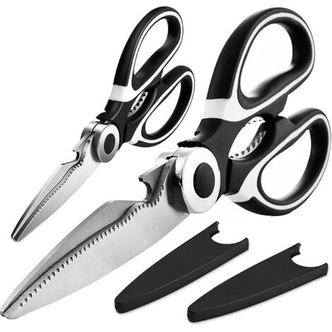 Set di 2 forbici da cucina multiuso in acciaio inox. Forbici da cucina in acciaio inox con lame affilate, protezioni per le lame e impugnature antiscivolo, ideali per carne, pollame, pesce, pollo, piz