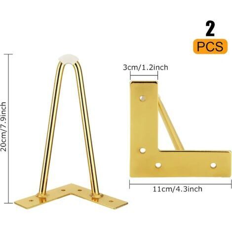 Set di 2 gambe per mobili dorate, gambe a forcina da 20 cm con viti e piedini protettivi, gambe per tavolo in metallo dorato, gambe per tavolino da caffè, gambe per mobili da ufficio, armadi, progetti