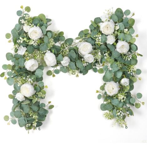 Set di 2 ghirlande di fiori artificiali di eucalipto, lunghe 3,6 m, con ghirlanda di fiori bianchi per decorazioni nuziali, fondali da tavolo, centrotavola, decorazioni per la camera da letto
