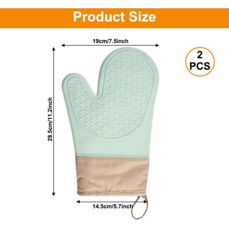 Set di 2 guanti da forno antiscivolo in silicone, resistenti al calore fino a 350 °C, interno in cotone, guanti da forno in silicone da appendere, perfetti per cucinare, microonde, barbecue (verde)