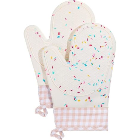 Set di 2 guanti da forno in silicone impermeabili e lavabili con fodera in cotone, resistenti al calore, ideali per cucinare, barbecue, grigliate e microonde.