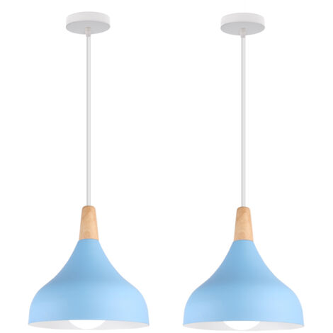 Set di 2 Lampadario a Sospensione Moderna E27 Lampada da Soffitto in Legna Metallo, Altezza Regolabile per Soggiorno Sala da Pranzo Camera (Blu)