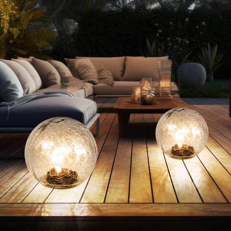Image of Set di 2 lampade a led a spina solare da esterno con luci a sfera da giardino in vetro chiaro