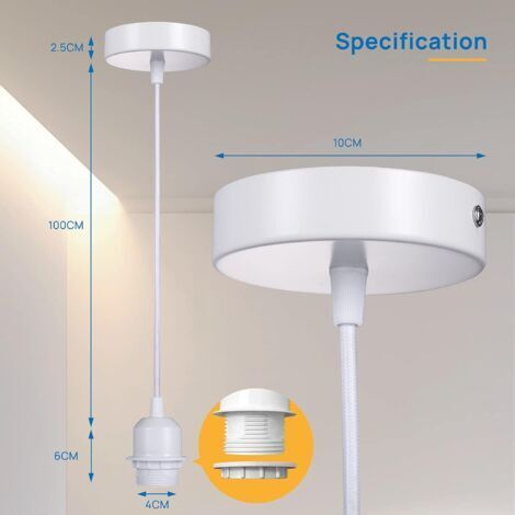 Set di 2 lampade a sospensione E27 con anello a vite, cavo tessile regolabile da 100 cm, compatibile con paralumi, portalampada ideale per lampade a sospensione da cucina, colore bianco.