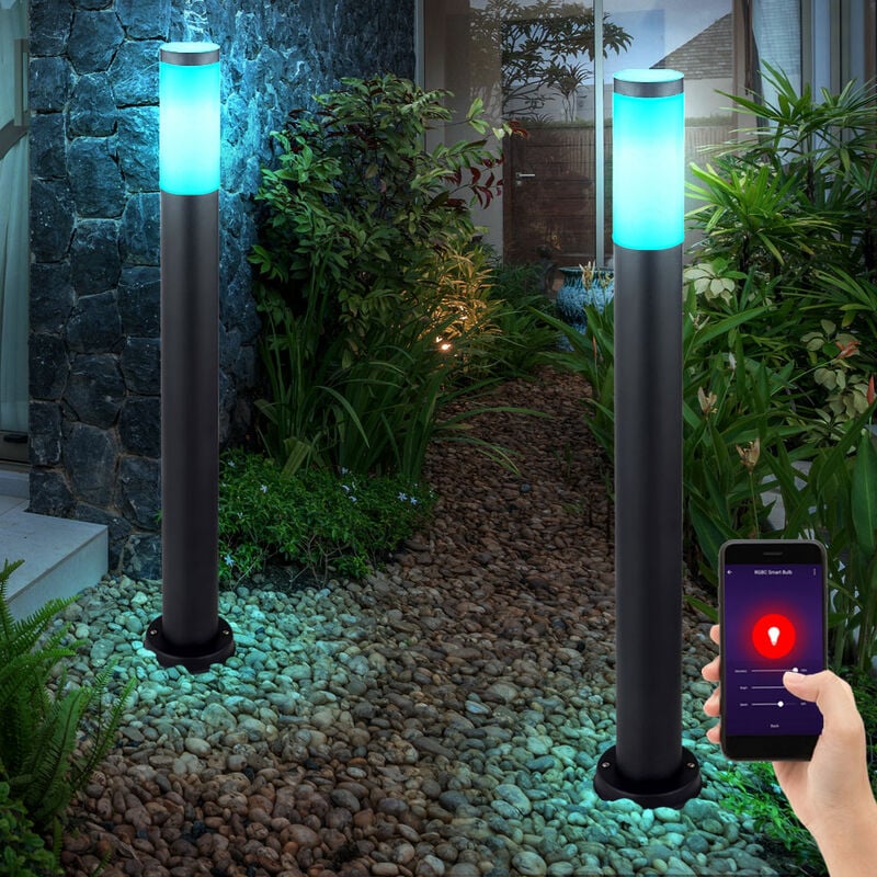 Image of Set di 2 lampade da terra in acciaio inossidabile dimmerabili app controllo vocale luce da giardino per esterni in un set che include lampadine a led