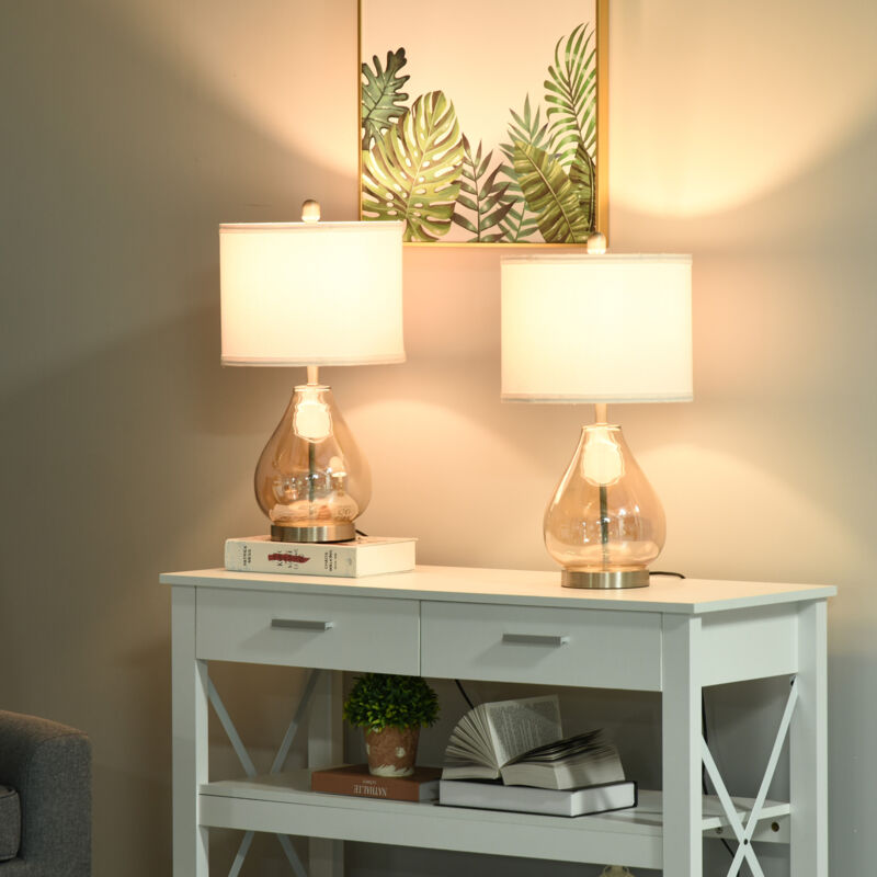 Set di 2 lampade da tavolo, lampade da comodino con attacco E27 40W, vetro, lino e acciaio, ambra, Ø30x56H cm