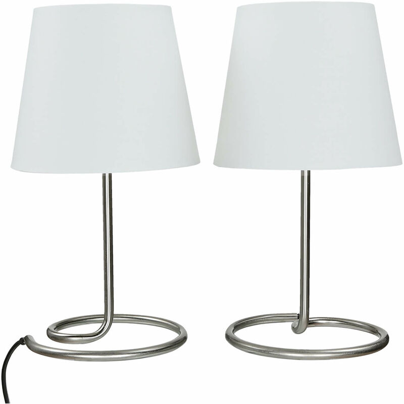 Image of Set con 2 Lampade da tavolo con paralume in tela bianco decorative 33cm E14 dal design moderno in metallo per scrivania comodino - Nichel opaco,