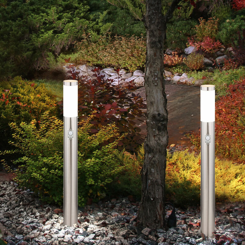 Image of Set di 2 lampade da terra a led in acciaio inossidabile con sensore di movimento luci esterne argento faretti faretti timer
