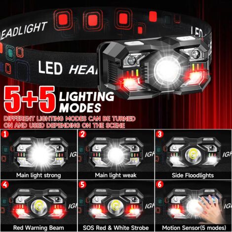 Set di 2 lampade frontali ricaricabili, 3000 lumen, lampada frontale ultra luminosa con luce bianca e rossa, sensore di movimento, 5 + 5 modalità per campeggio, pesca