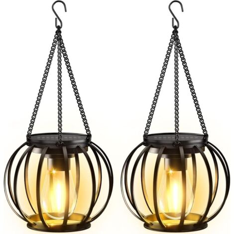 Set di 2 lanterne solari da esterno in metallo, luminose, da appendere, impermeabili, con accensione/spegnimento automatico, ideali per decorare il giardino, il patio o il vialetto.