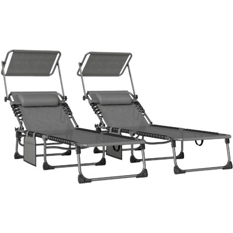 Set di 2 lettini pieghevoli con poggiatesta, ombrellino parasole, tasca laterale e schienale reclinabile in 5 posizioni, colore grigio.