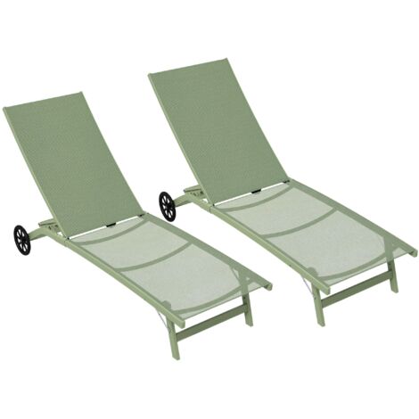 Set di 2 lettini prendisole in alluminio e textilene con ruote, schienale regolabile, portata massima 150 kg, verde scuro.