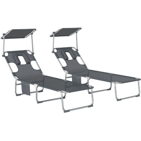 Set di 2 lettini prendisole pieghevoli e reclinabili con tettuccio girevole a 360°, foro per il viso, tasca laterale e tessuto Textilene da 550 g/m² - Grigio