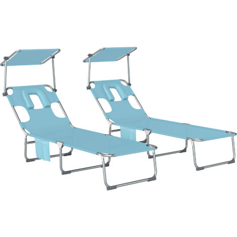 Set di 2 lettini prendisole reclinabili pieghevoli con tettuccio girevole a 360°, foro per il viso, tasca laterale e tessuto Textilene da 550 g/m², colore blu.