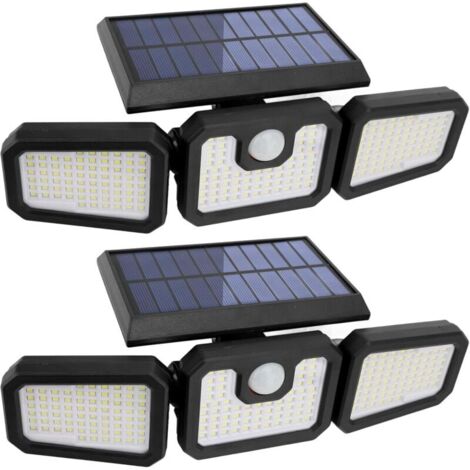 Set di 2 luci solari da esterno con 210 LED, 2500 lm, sensore di movimento, impermeabili IP65, 3 teste, faretto da parete grandangolare a 360° per garage, giardino, veranda