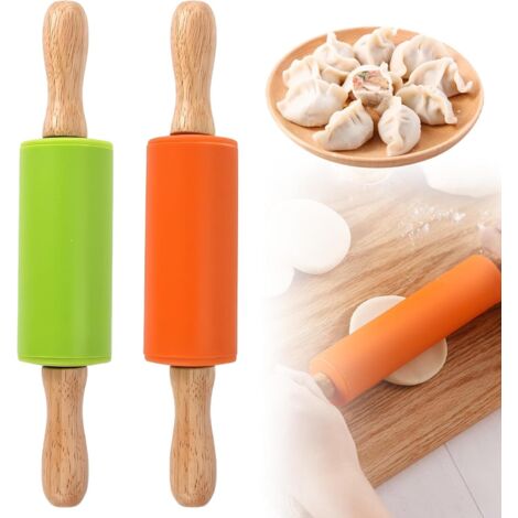 Set di 2 mattarelli professionali, mattarello in silicone per bambini, atossico, ecologico, mattarello in legno, adatto a bambini e adulti - Verde/Arancione
