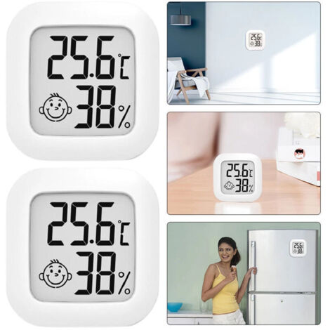Set di 2 mini termometri e igrometri digitali bianchi con display LCD, per la misurazione di temperatura e umidità interne, ideali per soggiorno, cucina e cameretta dei bambini.