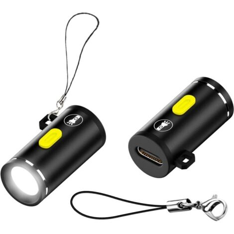 Set di 2 mini torce USB C senza batterie, 5V 1W, con corpo in lega di alluminio e cordino portachiavi, ideali per il campeggio all'aria aperta.