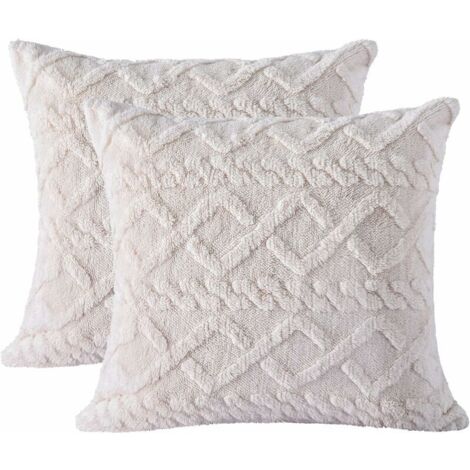 Set di 2 morbide federe per cuscini in peluche color crema, 45 x 45 cm, federe per cuscini quadrate in stile bohémien con finiture dorate