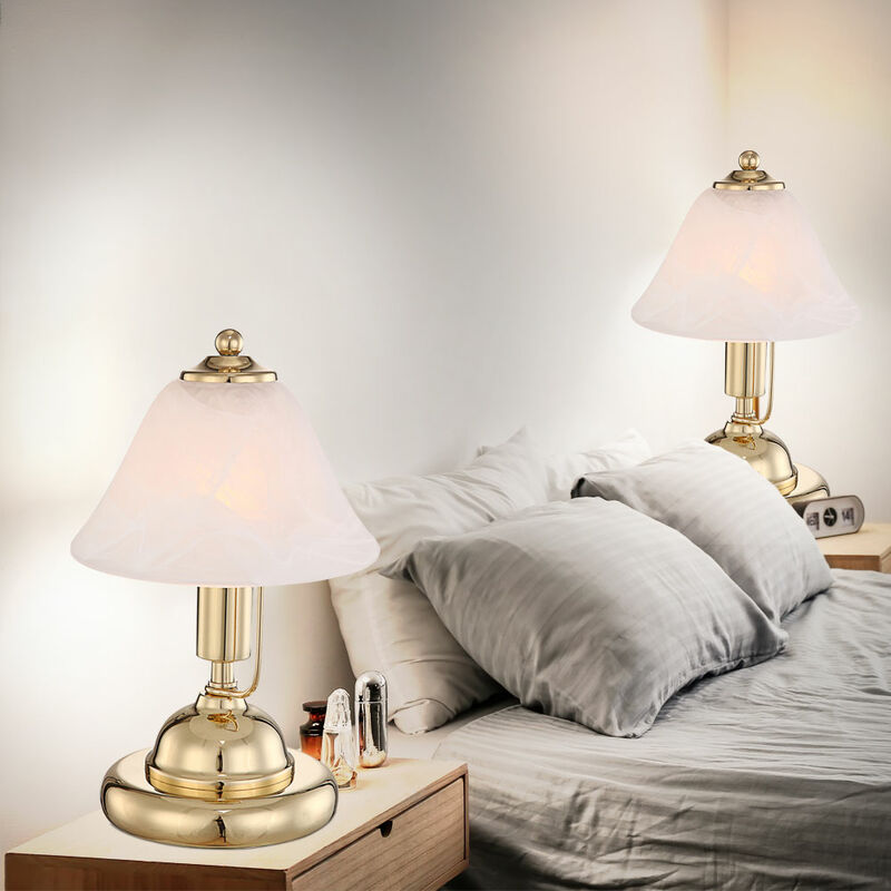 Image of Set di 2 luci notturne faretti da lettura in ottone dorato ottiche in alabastro lampade in vetro interruttore tattile