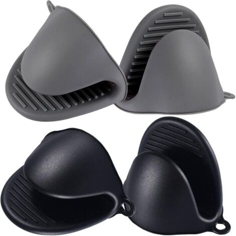 Set di 2 paia di mini guanti da forno in silicone resistenti al calore, con clip, per cucinare e cuocere al forno (nero e grigio)