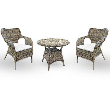 Set di 2 poltrone con 1 tavolino Kariba in rattan grigio con cuscini in omaggio