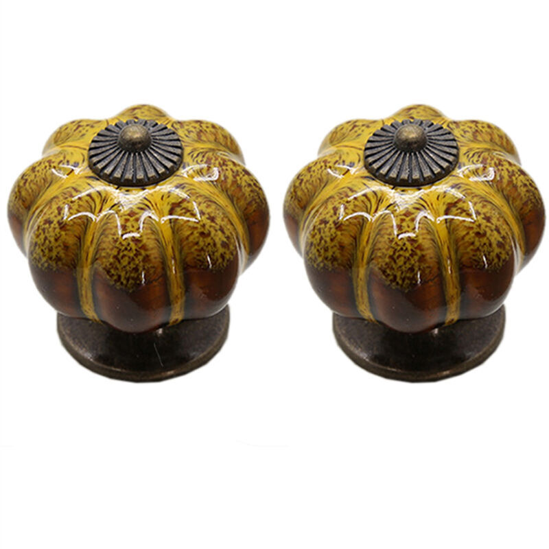Image of 2 Pezzi Pomelli Mobili in Ceramica Forma di Zucca Manopole per Cassetti Vintage Maniglie per Armadio con Viti - Giallo