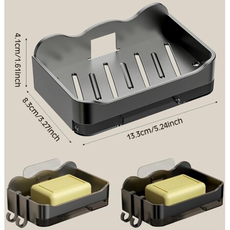 Set di 2 portasapone adesivi da parete con funzione di drenaggio, disponibili nei colori nero e grigio.