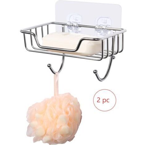 Set di 2 portasapone, portasapone da parete in acciaio inox con 2 ganci, porta spugna, autoadesivo per bagno e cucina
