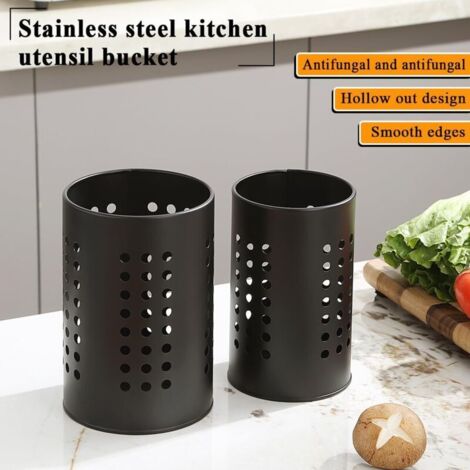 Set di 2 portautensili da cucina da appoggio, in acciaio inox nero, elegante organizer in stile country e contenitore per utensili da cucina.