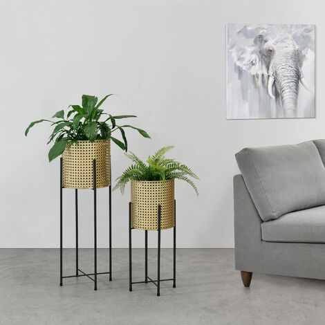 Set di 2 Portavasi in Metallo Nero Supporto di Design per Piante in 2 Altezze Diverse con Coprivaso in Color Oro