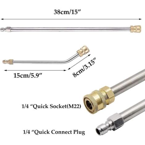 Set di 2 prolunghe per idropulitrice, lancia di prolunga (38 cm) + asta di prolunga curva a 30° (22 cm), attacco rapido da 6,35 mm, 4000 psi.