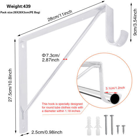 Set di 2 robuste staffe in acciaio bianco da 28 x 28 x 2,5 cm per asta appendiabiti, mensole a muro e supporti per aste con viti