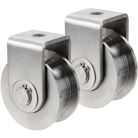 Set di 2 ruote con gola a H con supporto, ruota per rotaia in acciaio inox, diametro 6,9 cm, capacità di carico 300 kg, ruote rigide per carichi pesanti per macchinari per cancelli industriali
