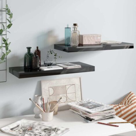 Set di 2 Scaffali Portaoggetti Librerie a Parete,Scaffali Muro Nero Lucido 60x23,5x3,8 cm in MDF -FW81839