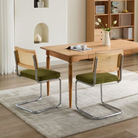 Set di 2 Sedia da pranzo Rivestimento velluto morbido Schienale in rattan naturale Progetto cantilever Supporto in acciaio verde