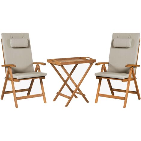 Set di 2 sedie con cuscini tortora e tavolino in legno di acacia Java
