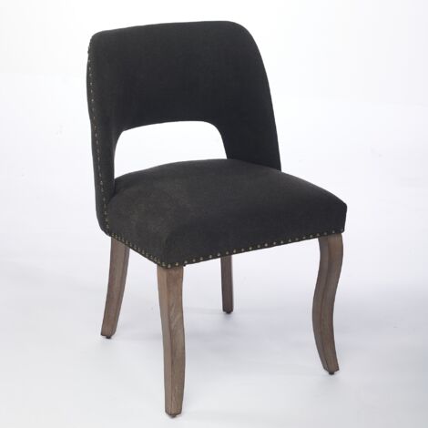 Set di 2 Sedie con Seduta Molle e Schiuma, Schienale con Borchie Rame, Comfort, Tessuto Chenille Nero, per Sala da Pranzo
