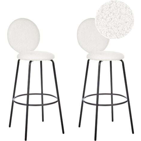 Set di 2 sedie da bar bouclé bianco con gambe in acciaio e schienale rotondo Emery