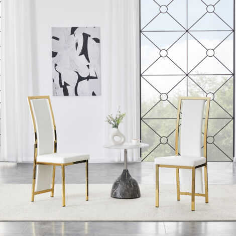 Set di 2 sedie da pranzo, 109 cm, schienale alto ergonomico, struttura stabile, rivestimento in PU bianco e metallo dorato.