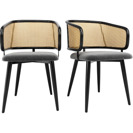 Set di 2 Sedie da Pranzo 51x47x79 cm, Cuscino Velluto, Schienale Rattan, Gambe Metallo Effetto Legno, Grigio