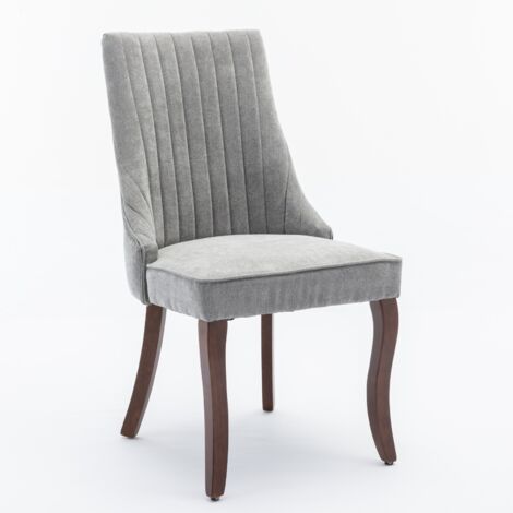 Set di 2 Sedie da Pranzo, con Gambe Curve in Legno, Comode e Imbottite, in Lino Floccato Grigio, per Cucina e Sala